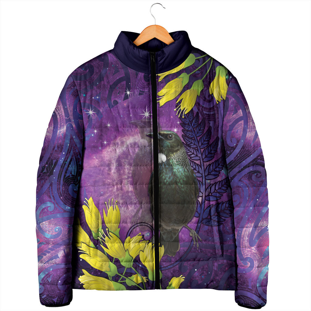 New Zealand Tui Bird Matariki Padded Jacket Kowhai Flower Silver Fern Galaxy Maori Pattern