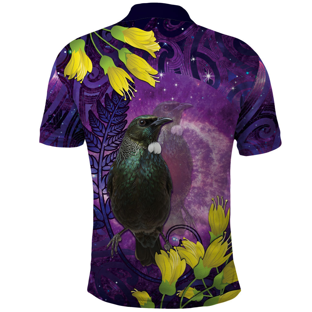 New Zealand Tui Bird Matariki Polo Shirt Kowhai Flower Silver Fern Galaxy Maori Pattern