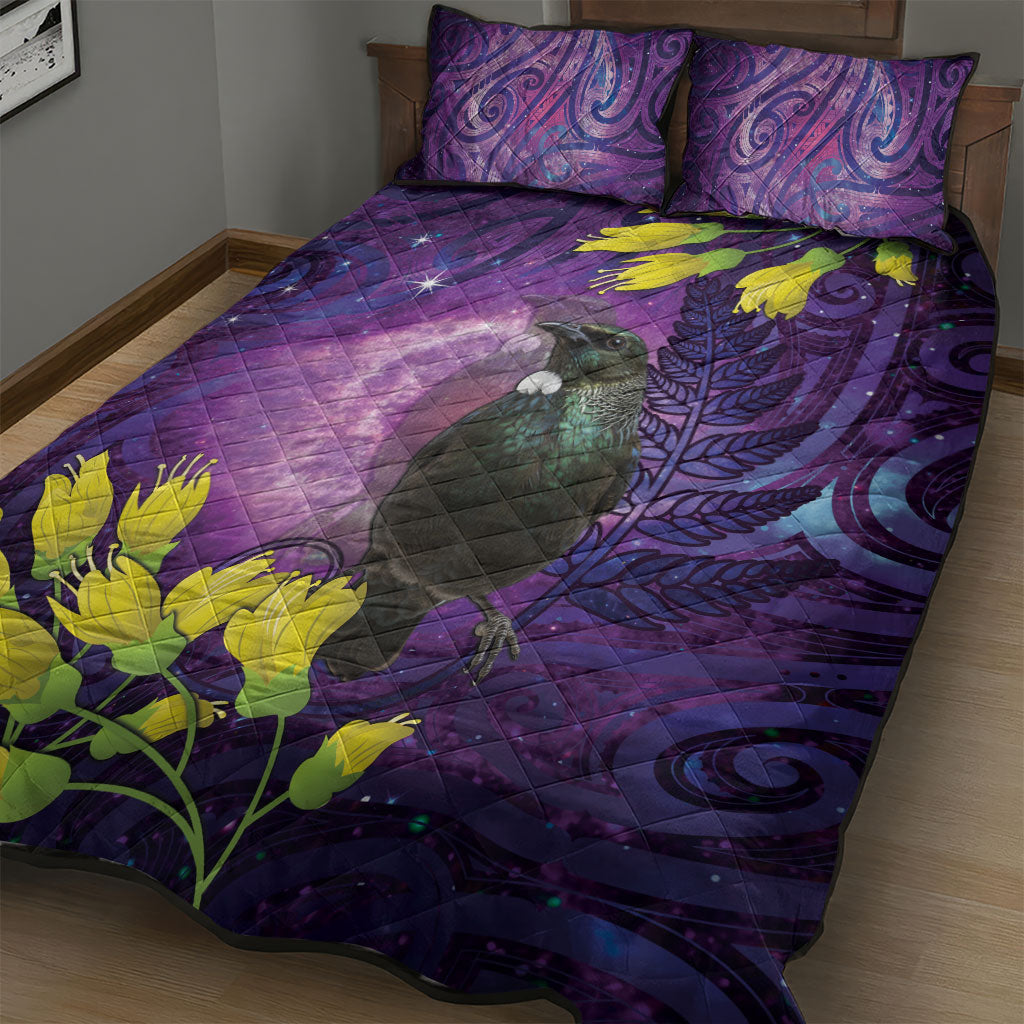 New Zealand Tui Bird Matariki Quilt Bed Set Kowhai Flower Silver Fern Galaxy Maori Pattern