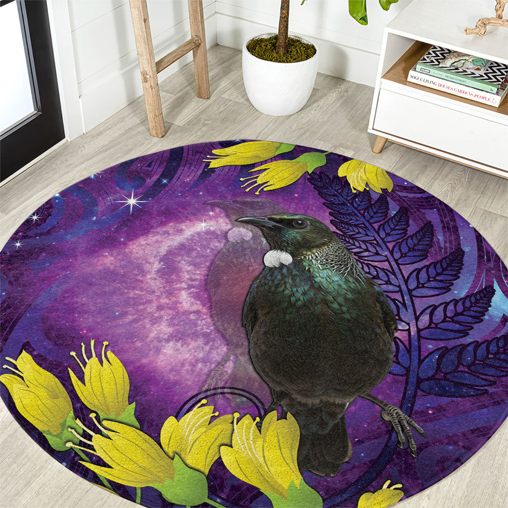 New Zealand Tui Bird Matariki Round Carpet Kowhai Flower Silver Fern Galaxy Maori Pattern