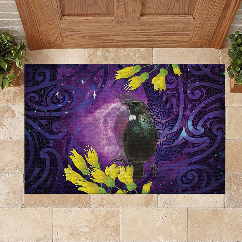 New Zealand Tui Bird Matariki Rubber Doormat Kowhai Flower Silver Fern Galaxy Maori Pattern LT22 Purple - Polynesian Pride
