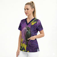 New Zealand Tui Bird Matariki Scrub Top Kowhai Flower Silver Fern Galaxy Maori Pattern