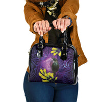 New Zealand Tui Bird Matariki Shoulder Handbag Kowhai Flower Silver Fern Galaxy Maori Pattern