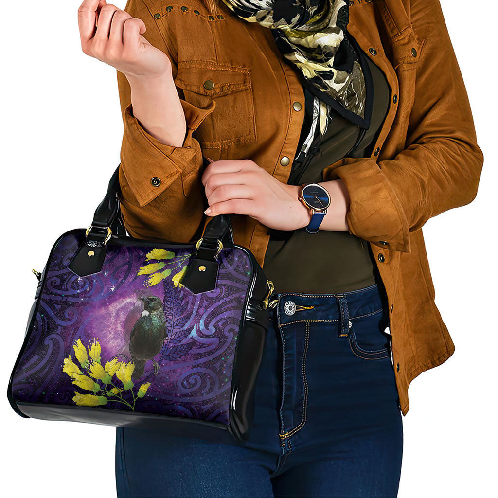New Zealand Tui Bird Matariki Shoulder Handbag Kowhai Flower Silver Fern Galaxy Maori Pattern