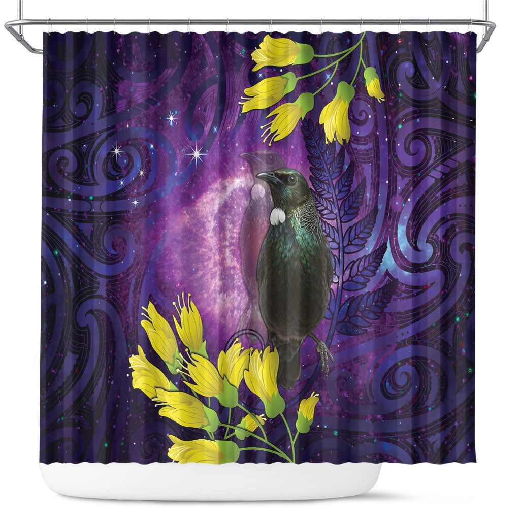 New Zealand Tui Bird Matariki Shower Curtain Kowhai Flower Silver Fern Galaxy Maori Pattern