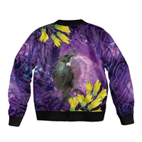 New Zealand Tui Bird Matariki Sleeve Zip Bomber Jacket Kowhai Flower Silver Fern Galaxy Maori Pattern