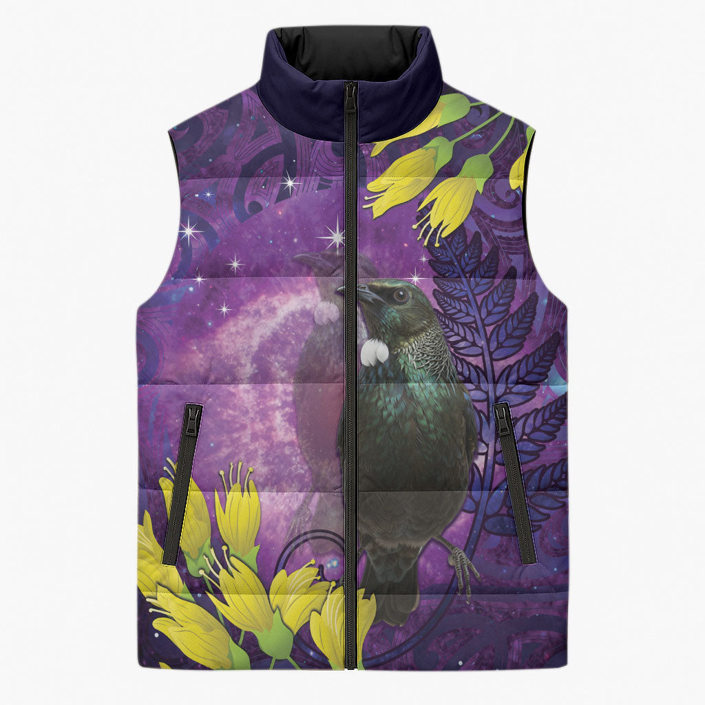New Zealand Tui Bird Matariki Sleeveless Puffer Jacket Kowhai Flower Silver Fern Galaxy Maori Pattern