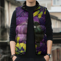 New Zealand Tui Bird Matariki Sleeveless Puffer Jacket Kowhai Flower Silver Fern Galaxy Maori Pattern