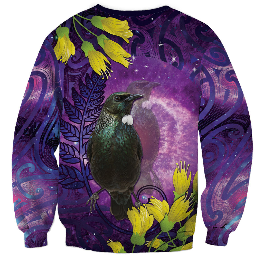 New Zealand Tui Bird Matariki Sweatshirt Kowhai Flower Silver Fern Galaxy Maori Pattern