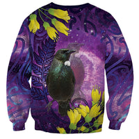 New Zealand Tui Bird Matariki Sweatshirt Kowhai Flower Silver Fern Galaxy Maori Pattern
