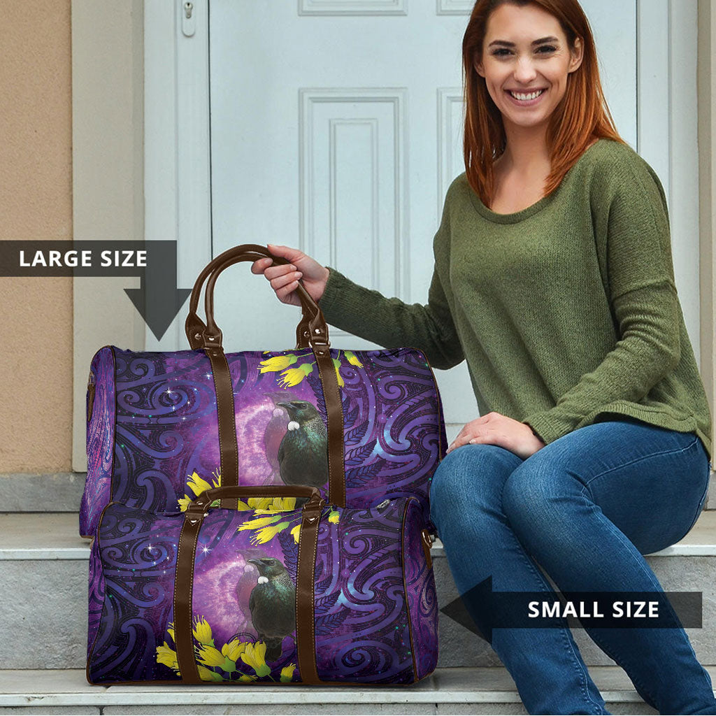 New Zealand Tui Bird Matariki Travel Bag Kowhai Flower Silver Fern Galaxy Maori Pattern