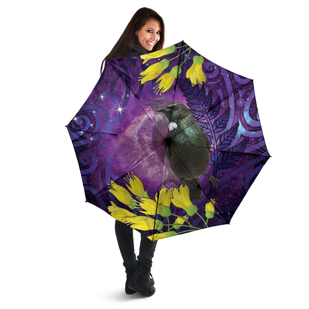 New Zealand Tui Bird Matariki Umbrella Kowhai Flower Silver Fern Galaxy Maori Pattern
