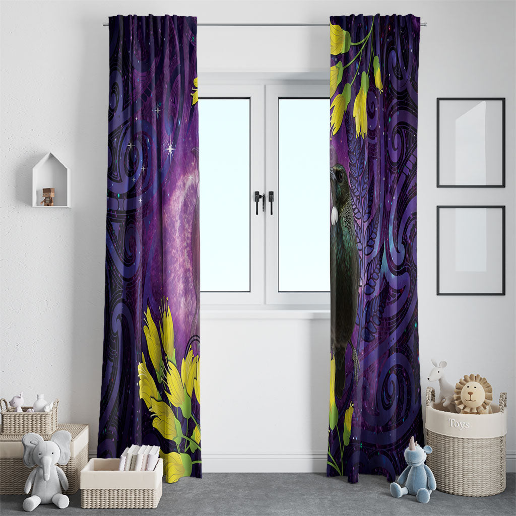 New Zealand Tui Bird Matariki Window Curtain Kowhai Flower Silver Fern Galaxy Maori Pattern