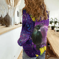 New Zealand Tui Bird Matariki Women Casual Shirt Kowhai Flower Silver Fern Galaxy Maori Pattern LT22 - Polynesian Pride