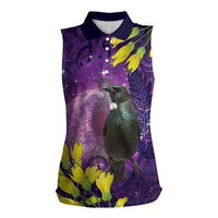 New Zealand Tui Bird Matariki Women Sleeveless Polo Shirt Kowhai Flower Silver Fern Galaxy Maori Pattern LT22 Female Purple - Polynesian Pride