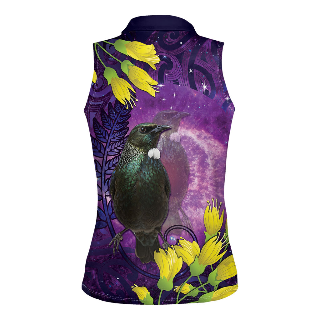 New Zealand Tui Bird Matariki Women Sleeveless Polo Shirt Kowhai Flower Silver Fern Galaxy Maori Pattern LT22 - Polynesian Pride