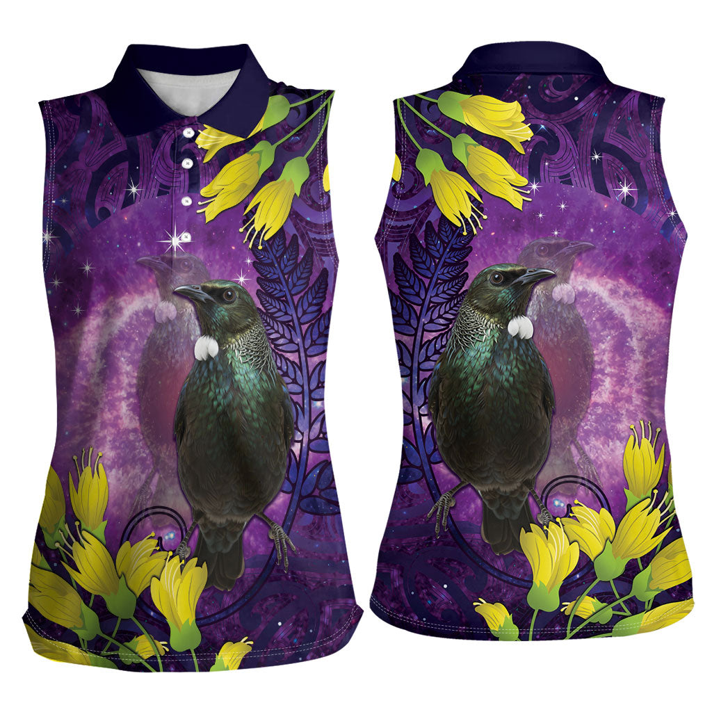 New Zealand Tui Bird Matariki Women Sleeveless Polo Shirt Kowhai Flower Silver Fern Galaxy Maori Pattern LT22 - Polynesian Pride