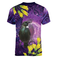 New Zealand Tui Bird Matariki Women V-Neck T-Shirt Kowhai Flower Silver Fern Galaxy Maori Pattern LT22 - Polynesian Pride