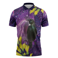 New Zealand Tui Bird Matariki Zipper Polo Shirt Kowhai Flower Silver Fern Galaxy Maori Pattern LT22 Purple - Polynesian Pride