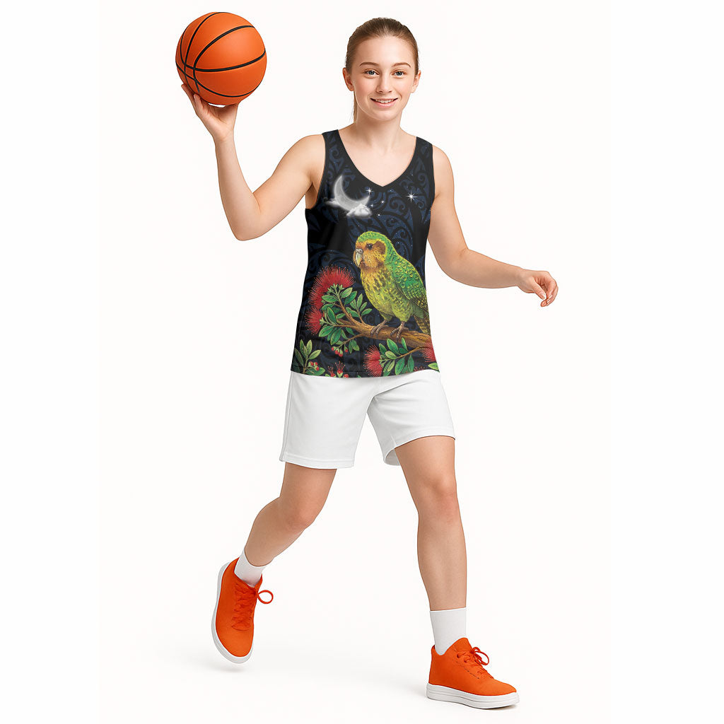 New Zealand Kakapo Matariki Personalised Basketball Jersey Pohutukawa Flower Galaxy Maori Pattern