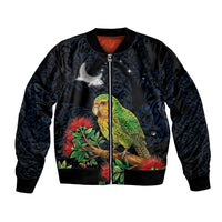 New Zealand Kakapo Matariki Personalised Bomber Jacket Pohutukawa Flower Galaxy Maori Pattern