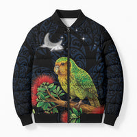 New Zealand Kakapo Matariki Personalised Bomber Puffer Jacket Pohutukawa Flower Galaxy Maori Pattern