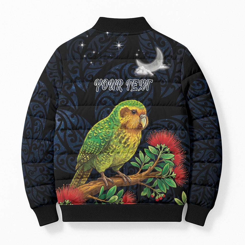 New Zealand Kakapo Matariki Personalised Bomber Puffer Jacket Pohutukawa Flower Galaxy Maori Pattern