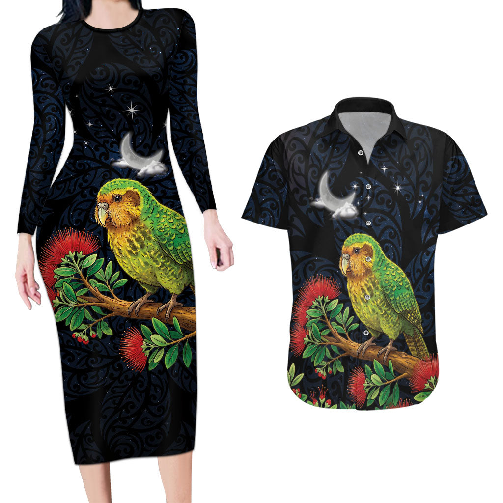 New Zealand Kakapo Matariki Personalised Couples Matching Long Sleeve Bodycon Dress and Hawaiian Shirt Pohutukawa Flower Galaxy Maori Pattern LT22 Black - Polynesian Pride