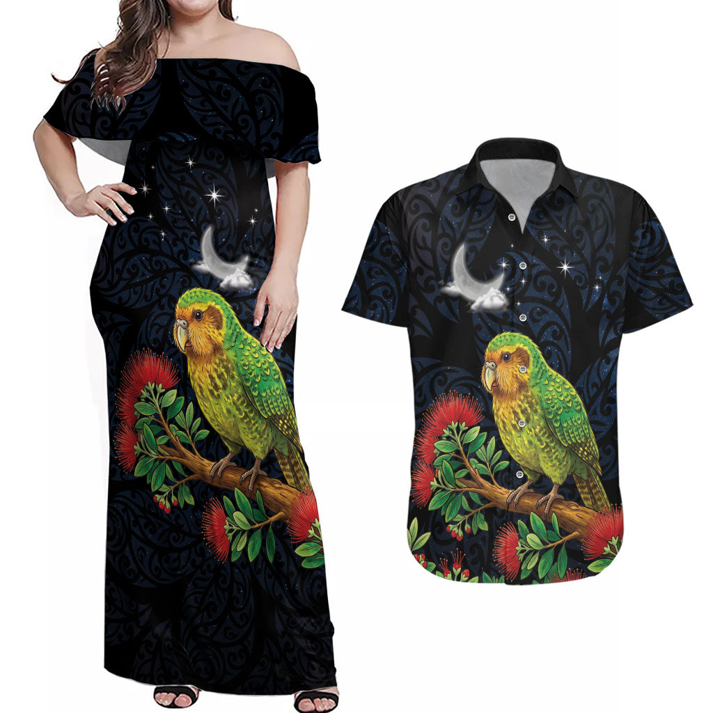 New Zealand Kakapo Matariki Personalised Couples Matching Off Shoulder Maxi Dress and Hawaiian Shirt Pohutukawa Flower Galaxy Maori Pattern LT22 Black - Polynesian Pride