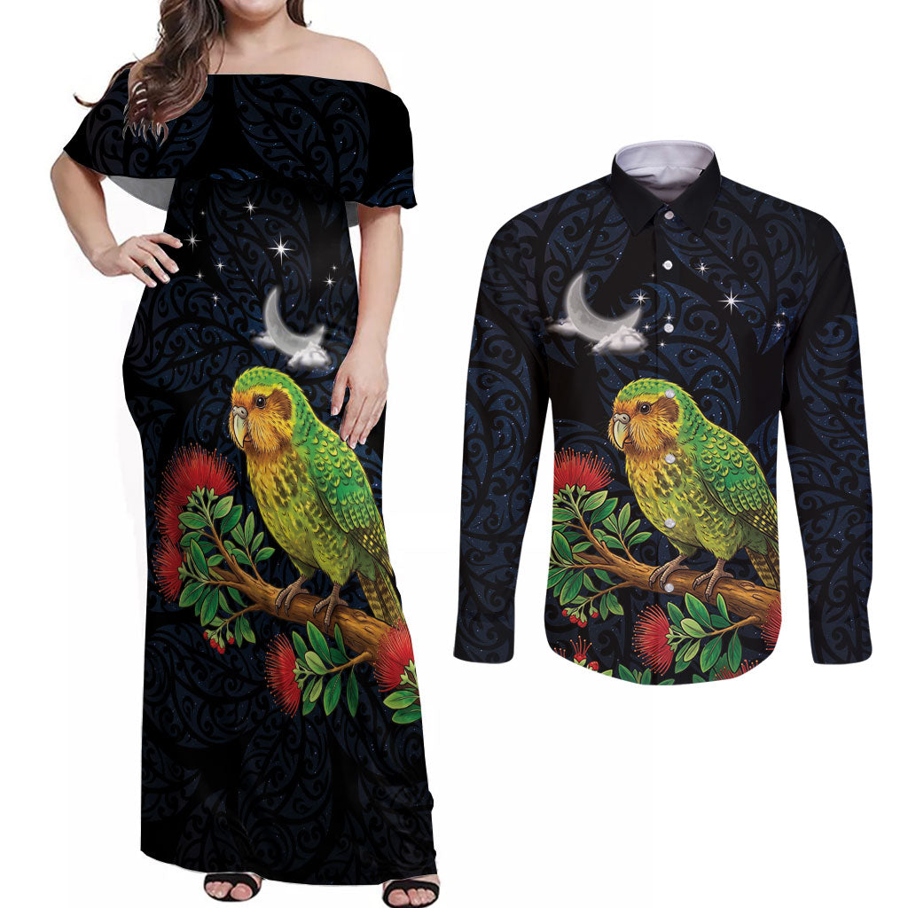 New Zealand Kakapo Matariki Personalised Couples Matching Off Shoulder Maxi Dress and Long Sleeve Button Shirt Pohutukawa Flower Galaxy Maori Pattern LT22 Black - Polynesian Pride