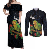 New Zealand Kakapo Matariki Personalised Couples Matching Off Shoulder Maxi Dress and Long Sleeve Button Shirt Pohutukawa Flower Galaxy Maori Pattern LT22 Black - Polynesian Pride