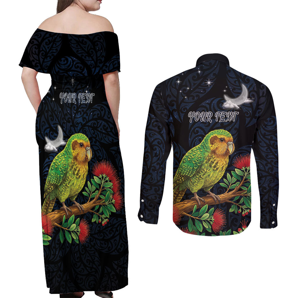 New Zealand Kakapo Matariki Personalised Couples Matching Off Shoulder Maxi Dress and Long Sleeve Button Shirt Pohutukawa Flower Galaxy Maori Pattern LT22 - Polynesian Pride