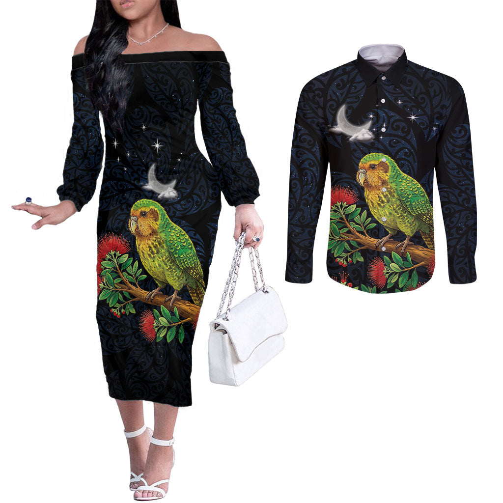 New Zealand Kakapo Matariki Personalised Couples Matching Off The Shoulder Long Sleeve Dress and Long Sleeve Button Shirt Pohutukawa Flower Galaxy Maori Pattern LT22 Black - Polynesian Pride