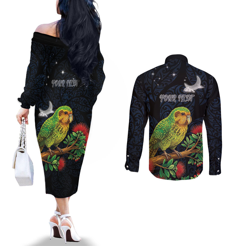 New Zealand Kakapo Matariki Personalised Couples Matching Off The Shoulder Long Sleeve Dress and Long Sleeve Button Shirt Pohutukawa Flower Galaxy Maori Pattern LT22 - Polynesian Pride