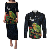 New Zealand Kakapo Matariki Personalised Couples Matching Puletasi and Long Sleeve Button Shirt Pohutukawa Flower Galaxy Maori Pattern