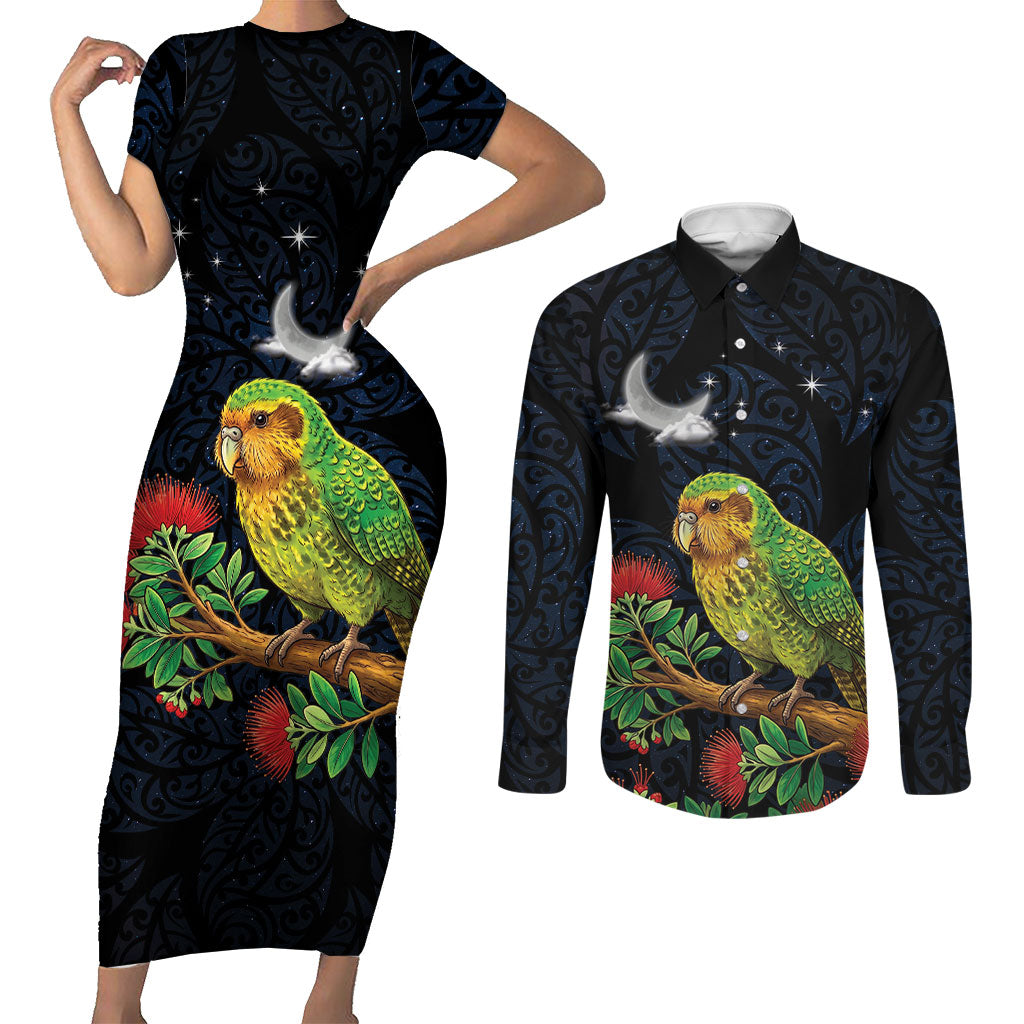 New Zealand Kakapo Matariki Personalised Couples Matching Short Sleeve Bodycon Dress and Long Sleeve Button Shirt Pohutukawa Flower Galaxy Maori Pattern LT22 Black - Polynesian Pride