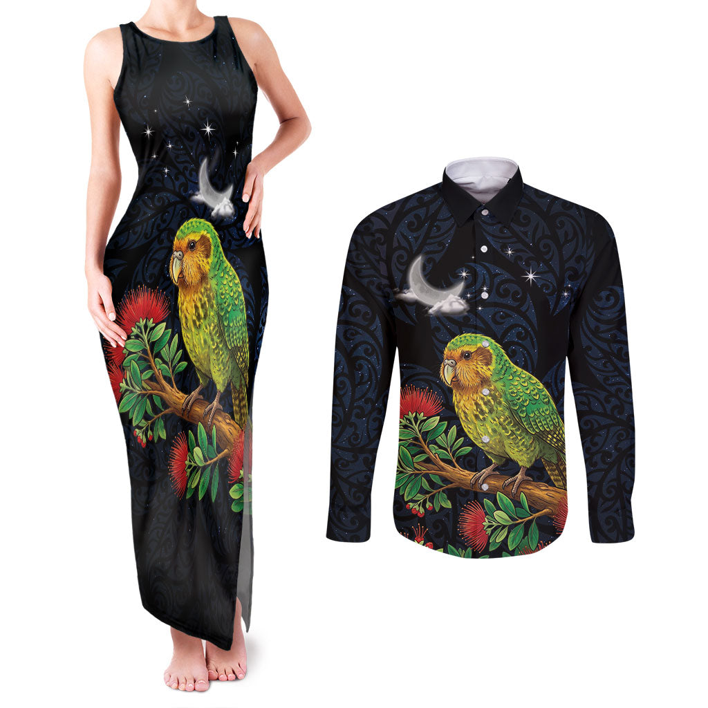 New Zealand Kakapo Matariki Personalised Couples Matching Tank Maxi Dress and Long Sleeve Button Shirt Pohutukawa Flower Galaxy Maori Pattern LT22 Black - Polynesian Pride