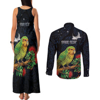 New Zealand Kakapo Matariki Personalised Couples Matching Tank Maxi Dress and Long Sleeve Button Shirt Pohutukawa Flower Galaxy Maori Pattern LT22 - Polynesian Pride
