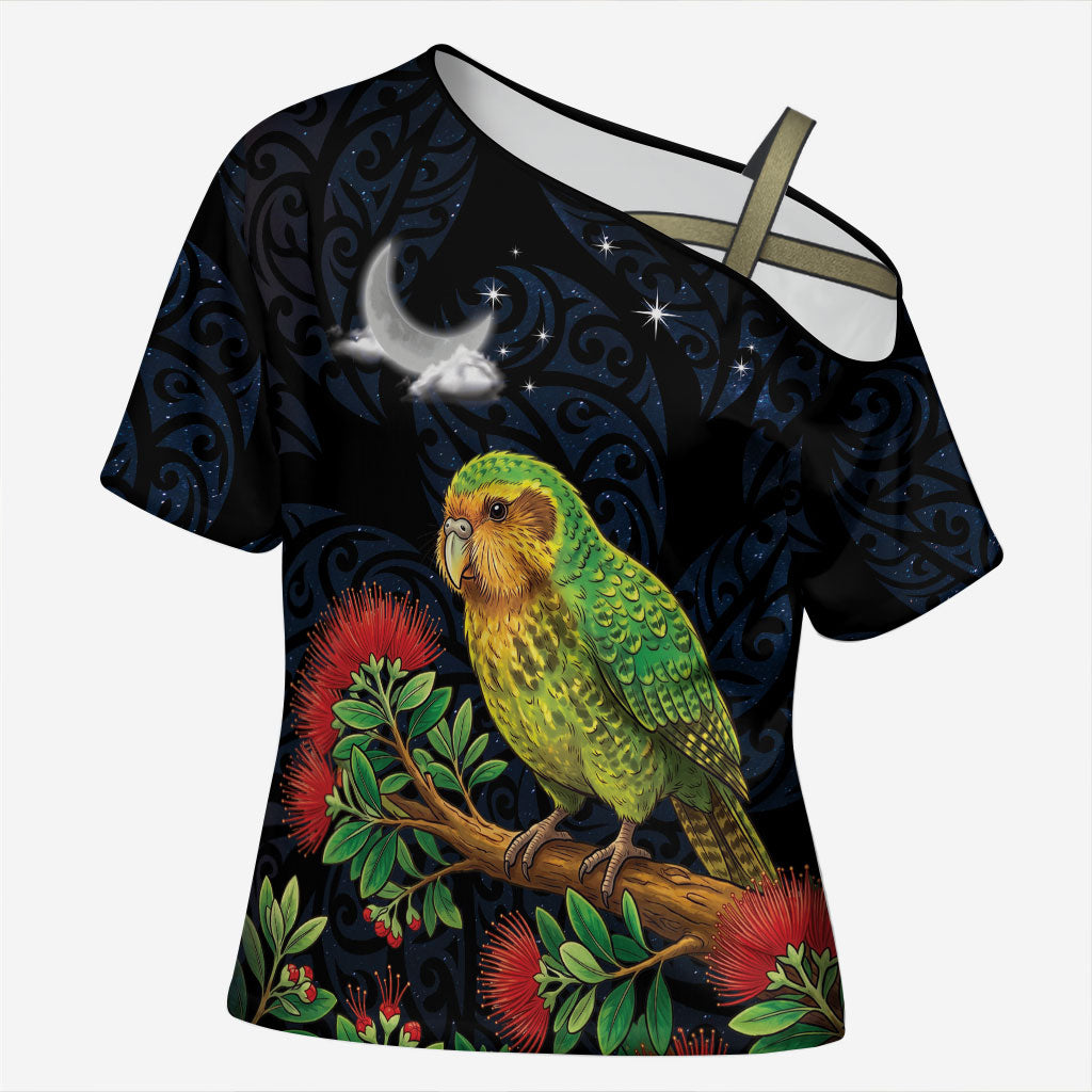 New Zealand Kakapo Matariki Personalised Cross Shoulder Shirt Pohutukawa Flower Galaxy Maori Pattern