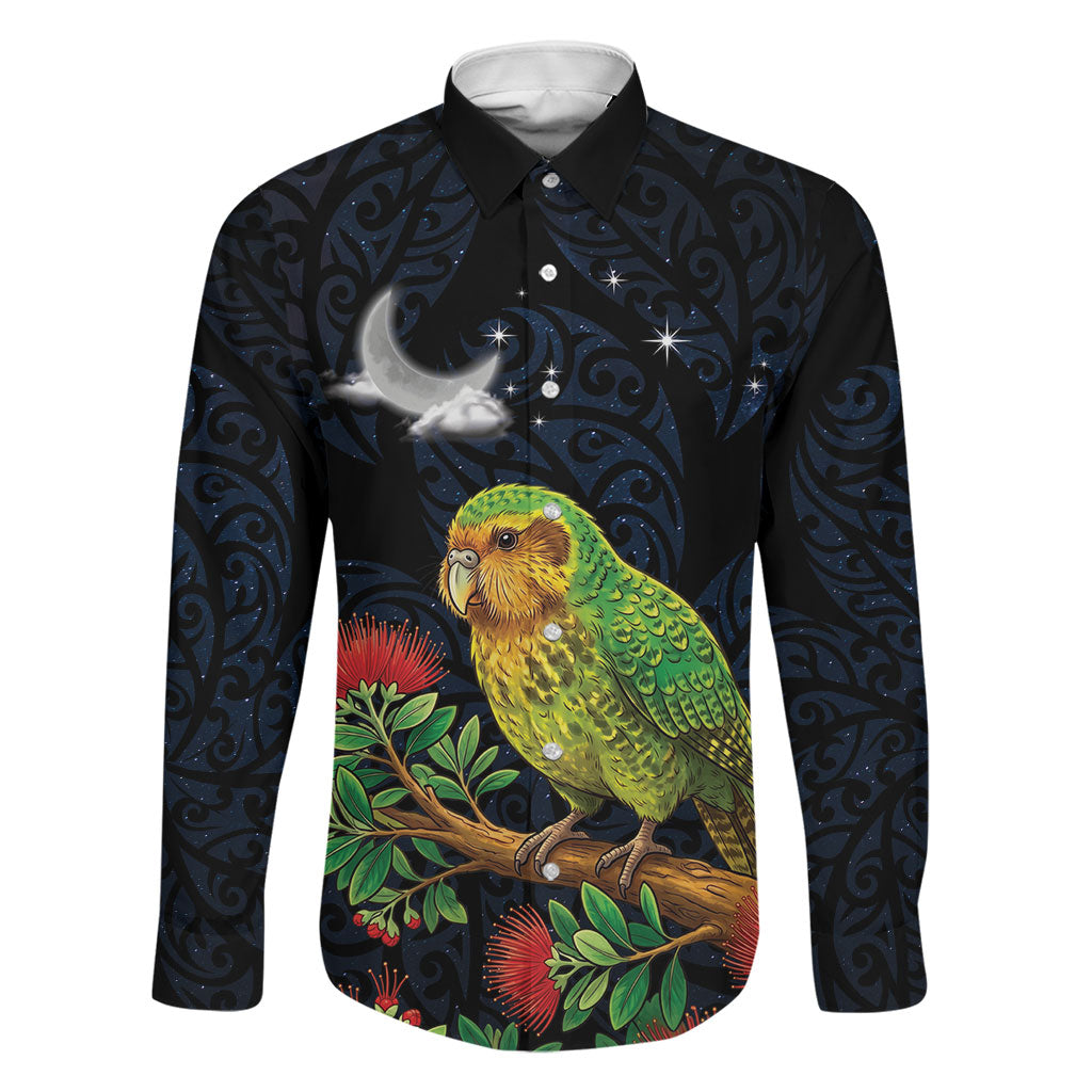 New Zealand Kakapo Matariki Personalised Family Matching Off Shoulder Maxi Dress and Hawaiian Shirt Pohutukawa Flower Galaxy Maori Pattern LT22 Dad's Shirt - Long Sleeve Black - Polynesian Pride