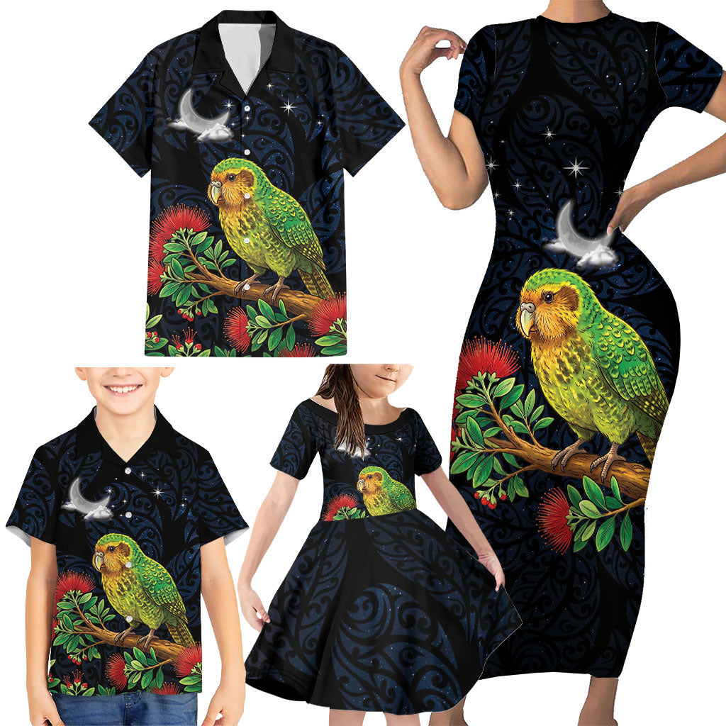 New Zealand Kakapo Matariki Personalised Family Matching Short Sleeve Bodycon Dress and Hawaiian Shirt Pohutukawa Flower Galaxy Maori Pattern LT22 - Polynesian Pride