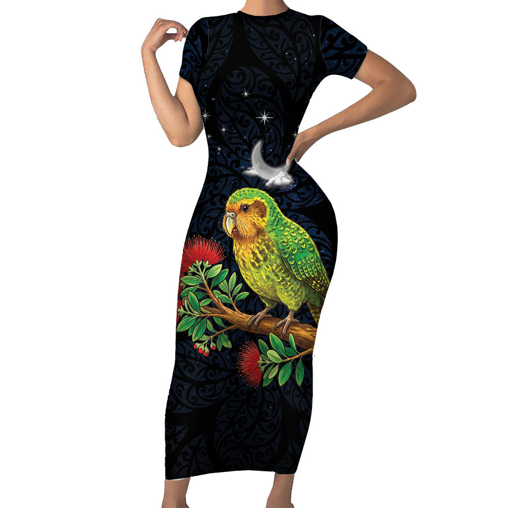 New Zealand Kakapo Matariki Personalised Family Matching Short Sleeve Bodycon Dress and Hawaiian Shirt Pohutukawa Flower Galaxy Maori Pattern LT22 Mom's Dress Black - Polynesian Pride