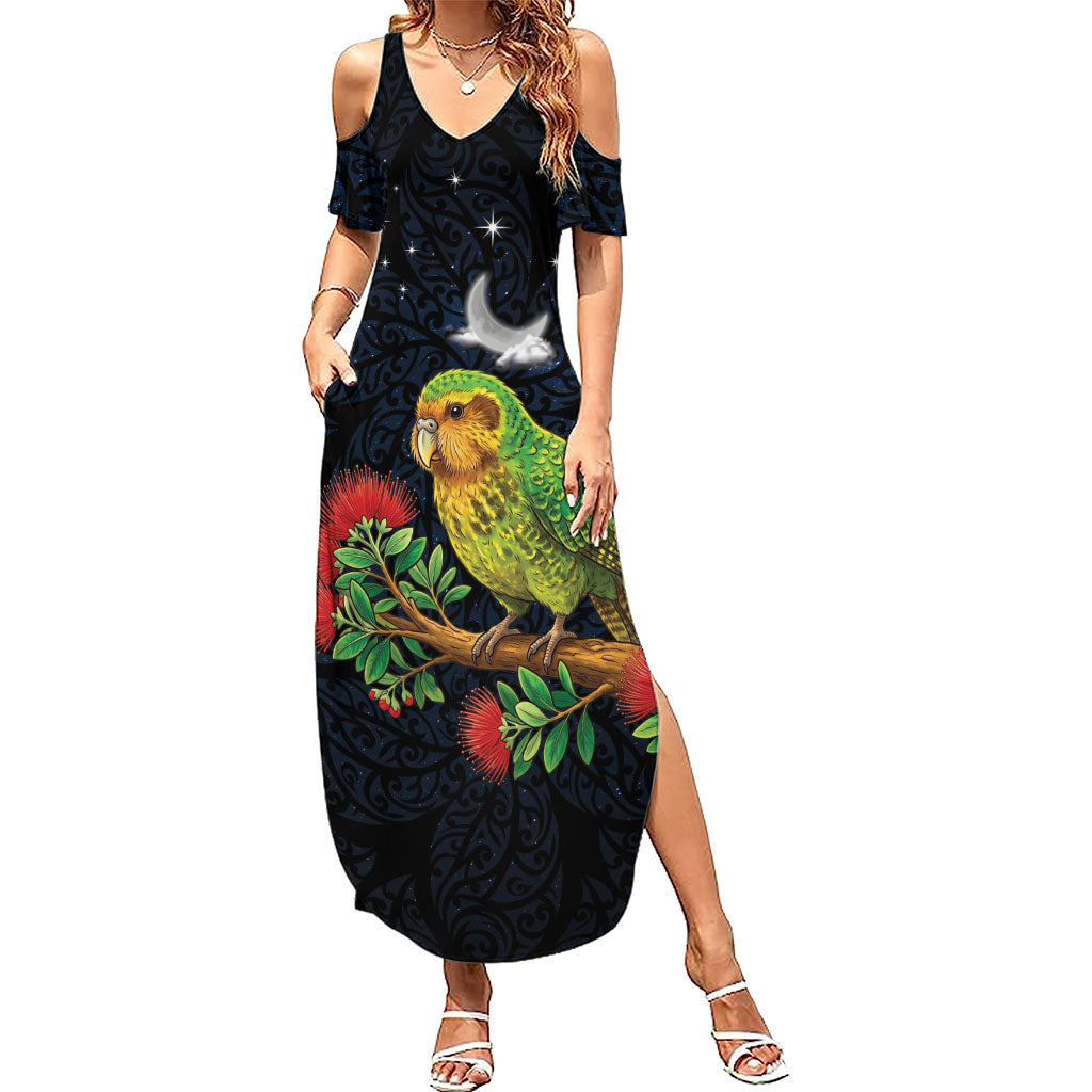 New Zealand Kakapo Matariki Personalised Family Matching Summer Maxi Dress and Hawaiian Shirt Pohutukawa Flower Galaxy Maori Pattern LT22 Mom's Dress Black - Polynesian Pride