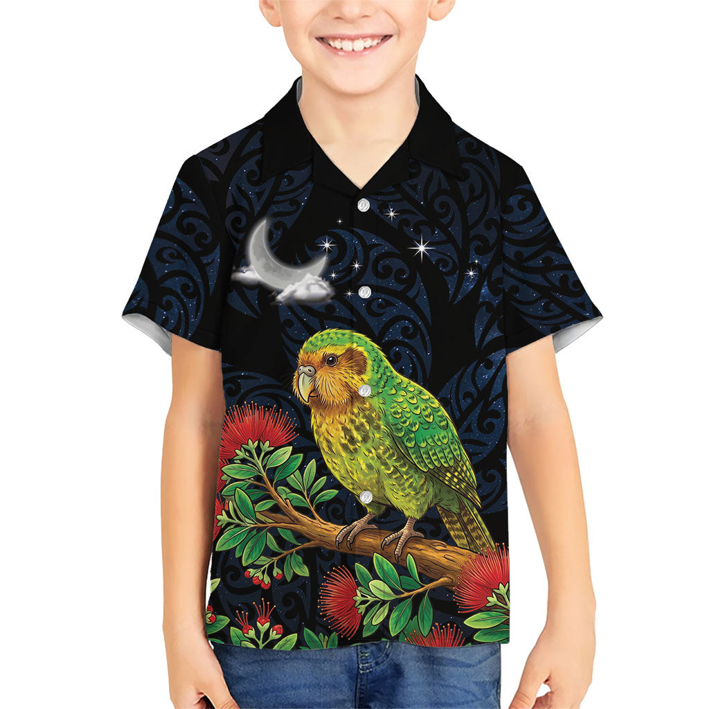 New Zealand Kakapo Matariki Personalised Family Matching Summer Maxi Dress and Hawaiian Shirt Pohutukawa Flower Galaxy Maori Pattern LT22 Son's Shirt Black - Polynesian Pride
