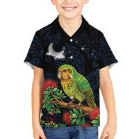 New Zealand Kakapo Matariki Personalised Kid Hawaiian Shirt Pohutukawa Flower Galaxy Maori Pattern