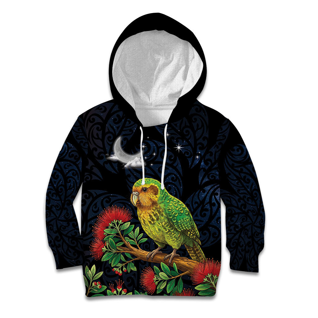 New Zealand Kakapo Matariki Personalised Kid Hoodie Pohutukawa Flower Galaxy Maori Pattern