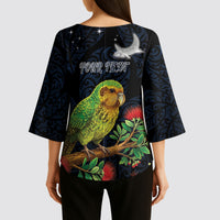 New Zealand Kakapo Matariki Personalised Kimono Sleeve Blouse Pohutukawa Flower Galaxy Maori Pattern