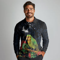 New Zealand Kakapo Matariki Personalised Long Sleeve Polo Shirt Pohutukawa Flower Galaxy Maori Pattern
