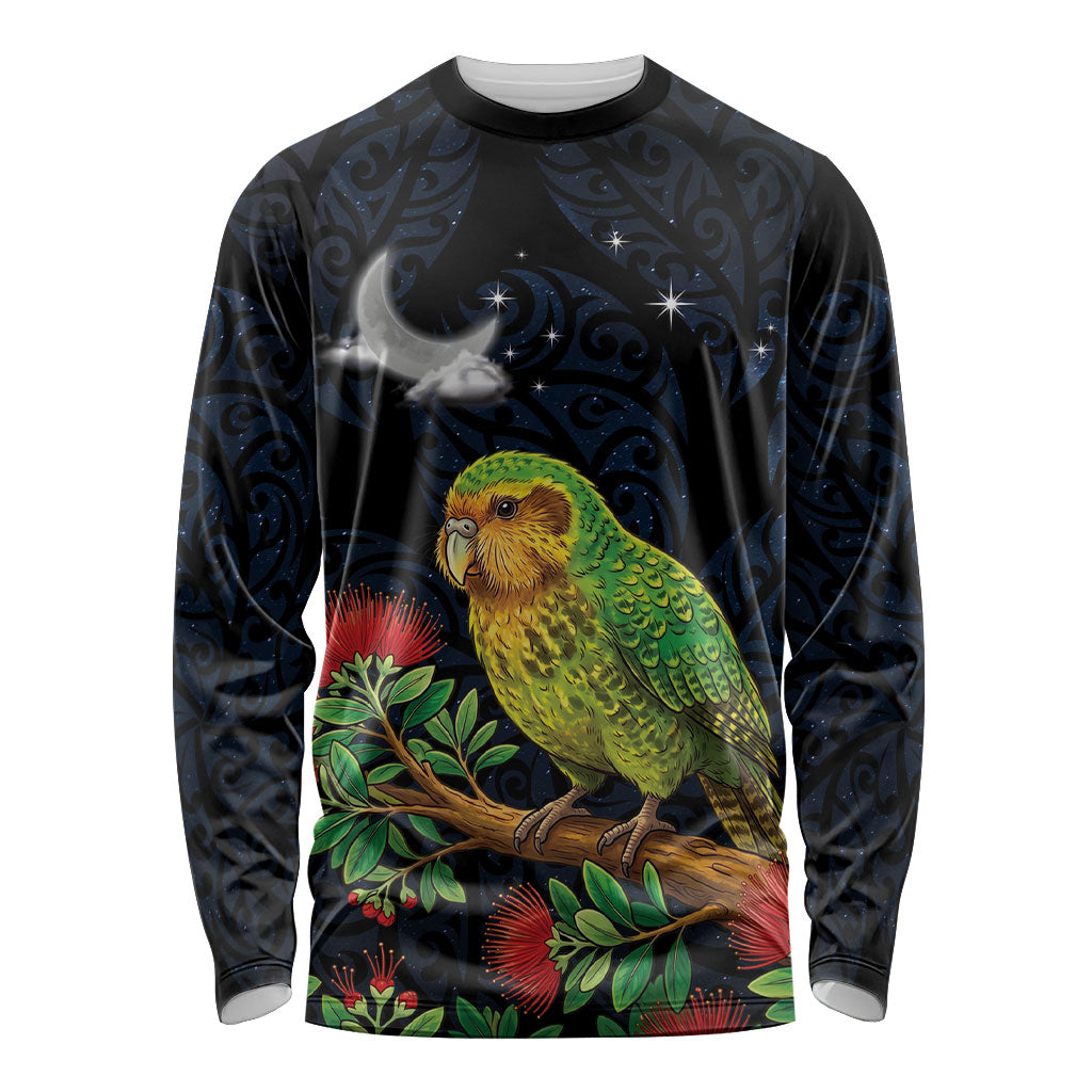 New Zealand Kakapo Matariki Personalised Long Sleeve Shirt Pohutukawa Flower Galaxy Maori Pattern