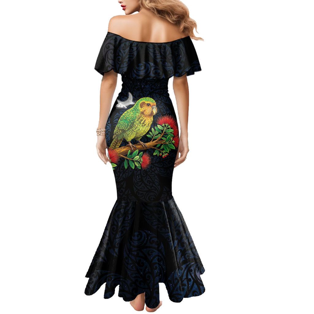 New Zealand Kakapo Matariki Personalised Mermaid Dress Pohutukawa Flower Galaxy Maori Pattern